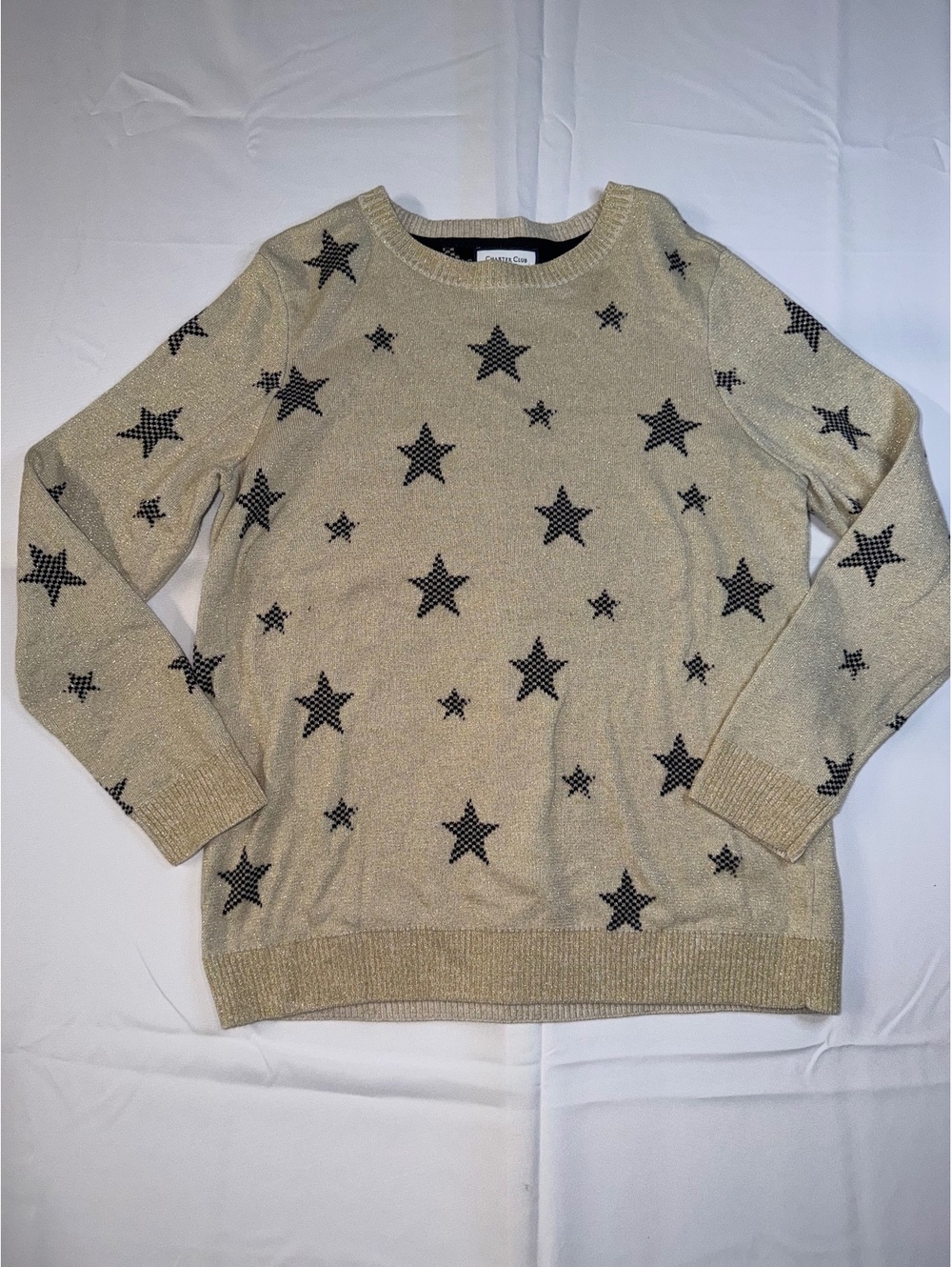 Charter Club Beige Sweater with Black Star Pattern, Size Large